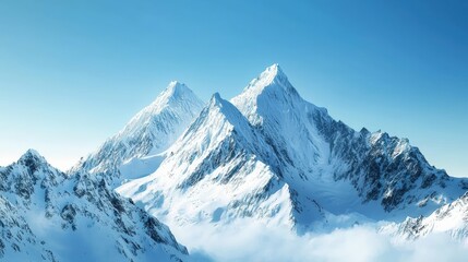 Obraz premium A mountain range with sharp peaks covered in snow, under a clear blue sky, emphasizing the majesty of nature
