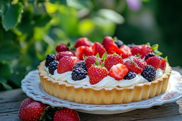 Cake Tarte tropezienne or La Tarte de Saint Tropez. dessert pastry consisting of filled brioche with cream and fresh berries served outdoor with fresh ripe strawberry. Generative Ai