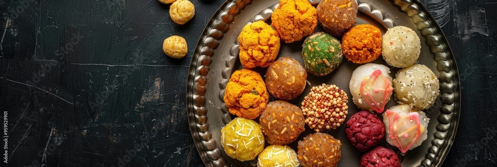 Poster Variety of Ladoo on a Plate from Above Featuring Motichoor, Besan, and Gond Ladoo Traditional Indian Sweets