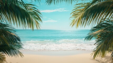 A peaceful scene of turquoise waters meeting a sandy beach, with palm trees framing the view, copy space --ar 16:9 --quality 2 --v 6.1 Job ID: 35842828-916a-4d0f-b7b6-436f86f78e89