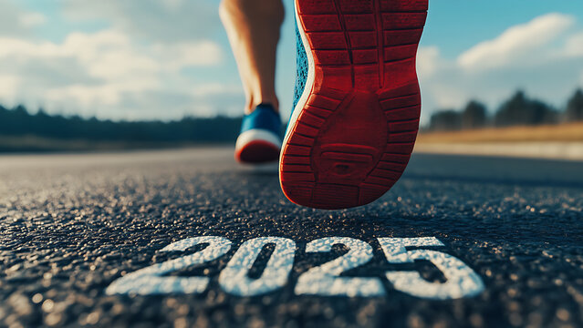 Concept Starting to new year, A man wearing running shoes steps on the number 2025.