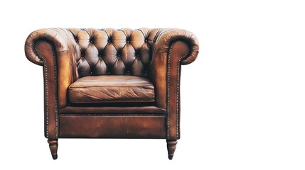 High-quality brown leather armchair isolated on white background, featuring detailed leather texture, sharp focus, and white space around the edges for versatile graphic design and post-processing use