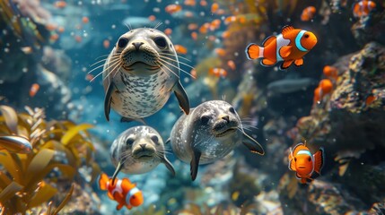 Underwater circus performance with acrobatic seals and clownfish entertainers