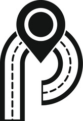 Simple black and white icon of a map pin indicating a destination on a road