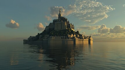 Obraz premium Majestic Medieval Castle Overlooking Tranquil Island Oasis at Sunset