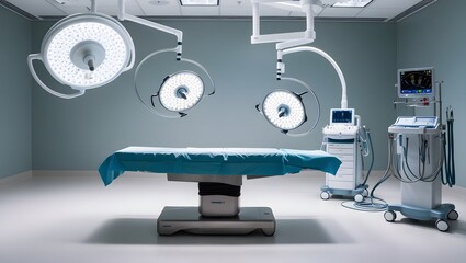 modern surgical suite features advanced technology, including surgical lamps, medical monitors, and a patient bed. The clinical setting is prepared for a variety of procedures.