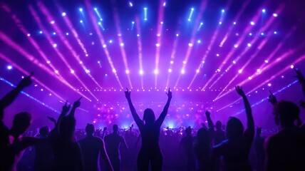 Obraz premium A vibrant concert scene with colorful lights illuminating an energetic crowd enjoying the music and atmosphere.