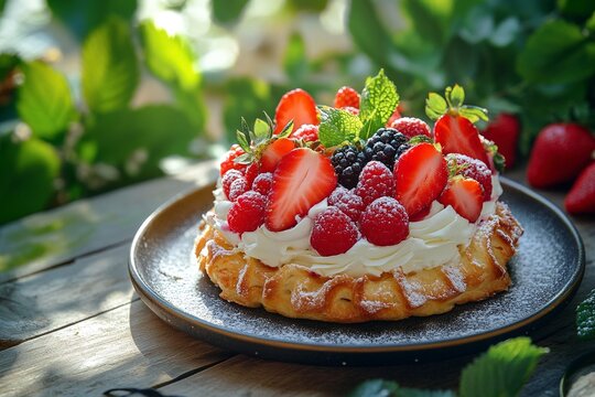 Cake Tarte tropezienne or La Tarte de Saint Tropez. dessert pastry consisting of filled brioche with cream and fresh berries served outdoor with fresh ripe strawberry. Generative Ai