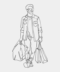 This artwork features a striking black and white drawing that illustrates a man carrying multiple bags, showcasing his posture and movement