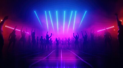 Vibrant party scene with silhouettes dancing under colorful lights, creating a lively, energetic atmosphere full of excitement.