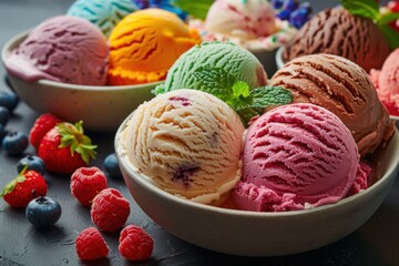 Various ice cream flavors in a bowl, colorful and appetizing