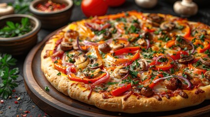 Vegetarian pizza loaded with colorful vegetables like bell peppers, onions, mushrooms, and olives