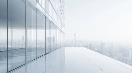 Obraz premium Empty rooftop terrace of a modern glass building with a cityscape view in the background.
