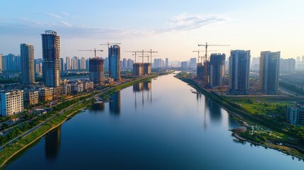 Fototapeta premium Aerial view of a modern city skyline along a river, showcasing tall buildings and construction cranes at sunrise.