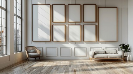 Various empty frames hanging on a white wall, modern interior decoration