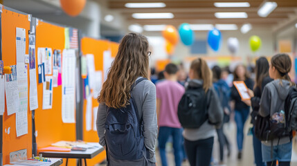 A science fair with students presenting their projects, colorful poster boards, experiments set up on tables