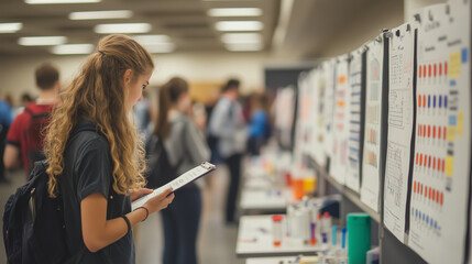 A science fair with students presenting their projects, colorful poster boards, experiments set up on tables