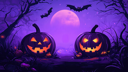 Two jack-o'-lanterns with a purple moon and bats in a spooky forest.