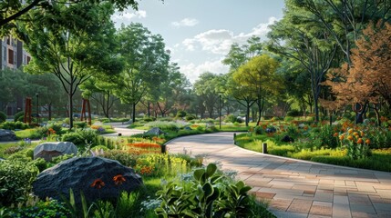 Obraz premium Urban park surrounded by sustainable architecture, community gathering