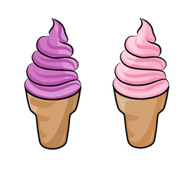 Hand drawn image of strawberry and purple soft serve ice cream in a waffle cone on a transparent background. Minimalistic flat vector