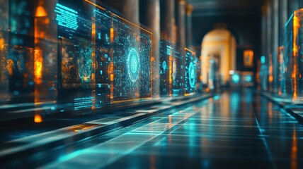 Virtual museum with holographic displays, each artwork protected by digital copyright marks, symbolizing secure cultural heritage