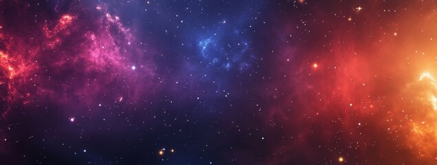 Naklejka premium A vibrant nebula with red, blue, and yellow hues against a dark space background with twinkling stars.