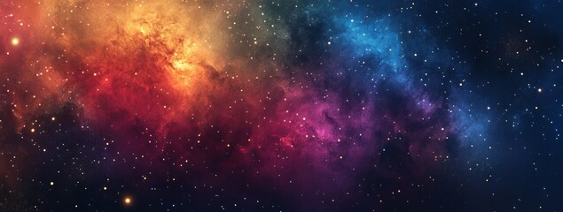 A vibrant, colorful nebula with red, orange, blue and purple hues against a dark starry night sky.