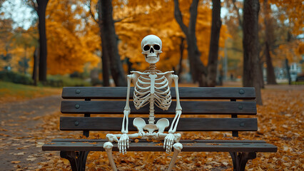 A skeleton is sitting on a park bench surrounded by autumn leaves.