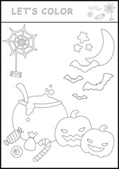 Halloween Autumn printable worksheet coloring page in black and white outline illustration. Color and drawing book for children's skills