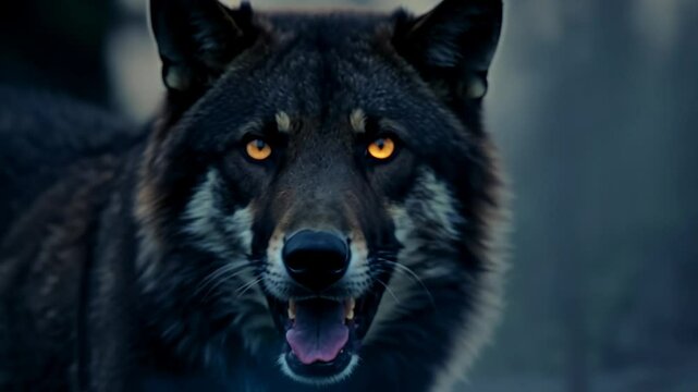 A menacing wolf with fiery eyes stares intensely, teeth bared.