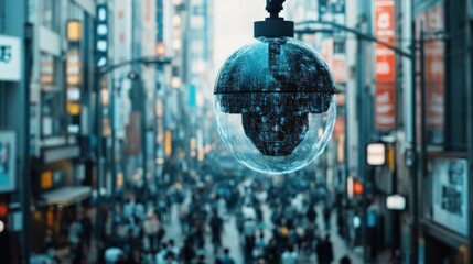 Surveillance Technology: Facial Recognition Security Camera Monitoring Urban Crowd with Digital Face Overlays