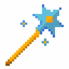 Pixel Art Magic Wand Icon   Blue Star with Yellow Handle and Sparkling Effects