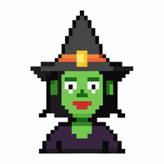 Obraz premium Pixel Art Witch with Green Face and Black Hat on White Background