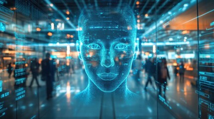 Fototapeta premium Futuristic AI Facial Recognition System for Real-Time Identification in Airport Terminal