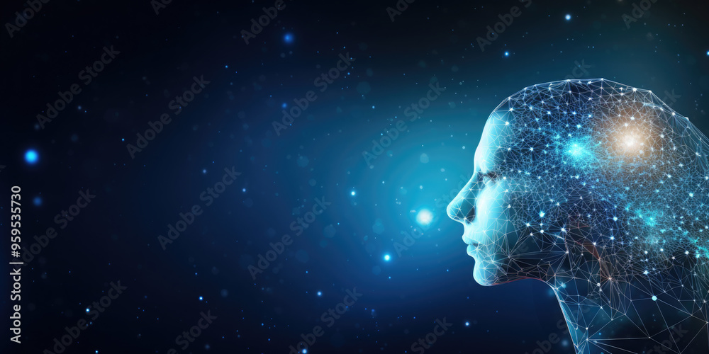 Poster artificial intelligence concept with a human head made of connecting lines and dots representing the
