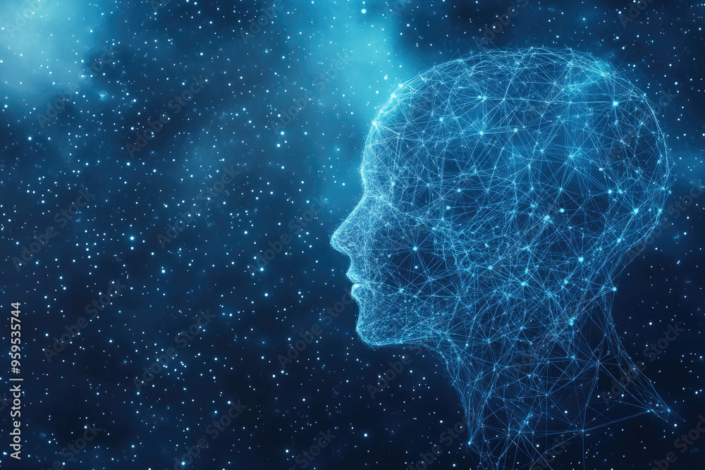 Poster artificial intelligence concept with a human head made of connecting lines and dots representing the
