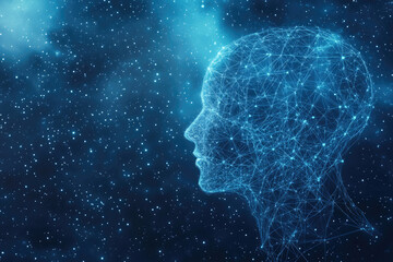 Artificial intelligence concept with a human head made of connecting lines and dots representing the neural network, symbolizing the future of ai