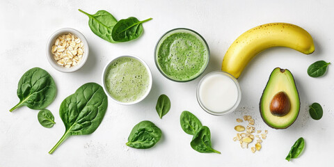 Green smoothie ingredients including spinach, avocado, banana, almond and a glass of plant based milk are laying on a white background, shot from above. There is plenty of copy space available