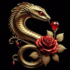 Obraz premium A stylized gold beautiful Snake head, A single red diamond rose with gold leaves is positioned beside the head, black background