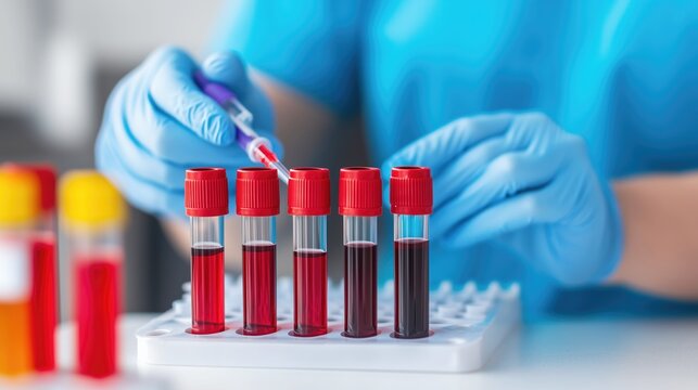 Close-up of test tubes filled with blood samples on a tray, with a gloved healthcare worker in the background. Perfect for showcasing lab work and diagnostics.