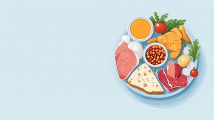 Meal planner with food icons, organized sections, flat design illustration