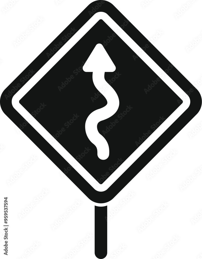 Canvas Prints Black and white icon of a winding road traffic sign indicating curves ahead