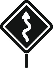 Black and white icon of a winding road traffic sign indicating curves ahead