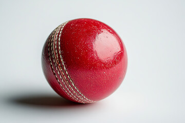 Red cricket ball with visible seam against a white background