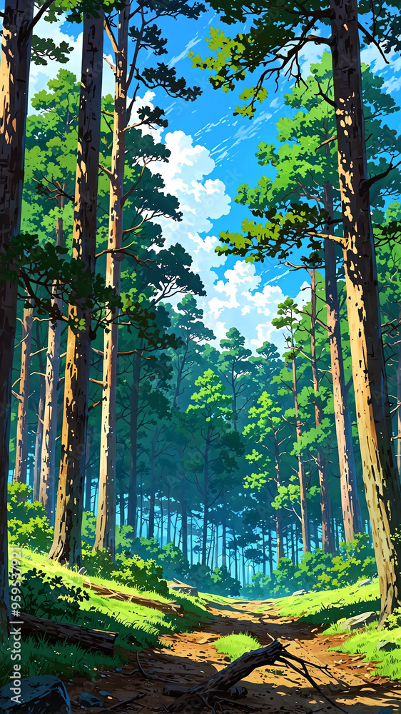 Poster anime gusty winds rustling through pine forest background art design backdrop