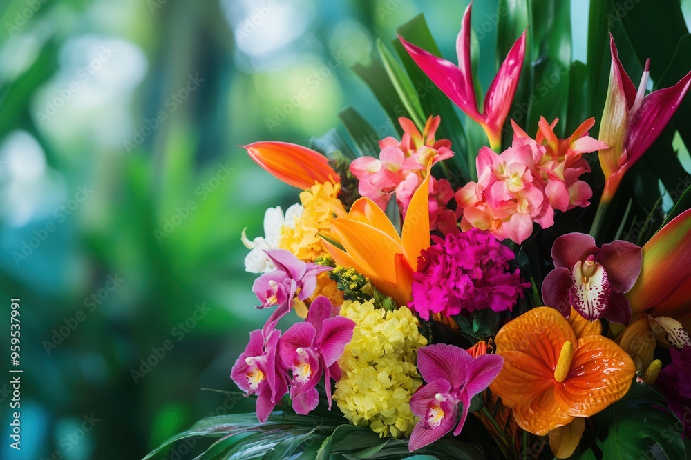 Poster this bold arrangement showcases a colorful mix of tropical flowers, creating a stunning display in a