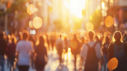 Large Urban Crowd Walking Through Sunlit City Streets During Golden Hour with Soft Bokeh, Capturing the Dynamic Energy, Movement, and Warm Atmosphere of Vibrant Urban Life