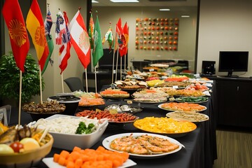 International Buffet Table with Various Foods and Flags