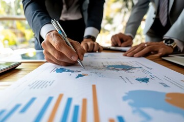 Business leaders analyzing global risk assessments and opportunities, drafting a careful expansion strategy