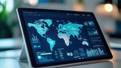 A digital tablet displaying an interactive global business plan with expanding regions and market goals